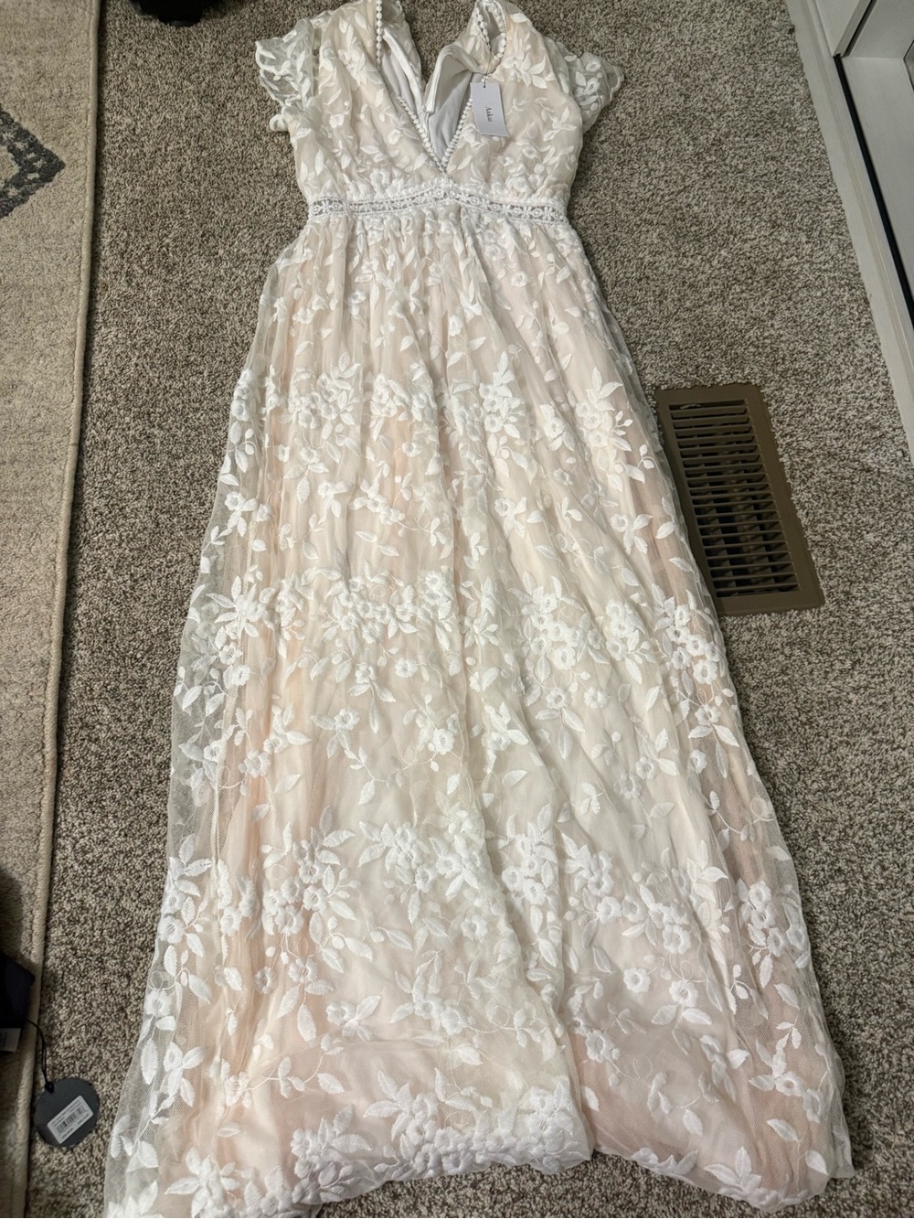 Aakaa Ivory Floral Lace Maxi Dress with Blush Lining
